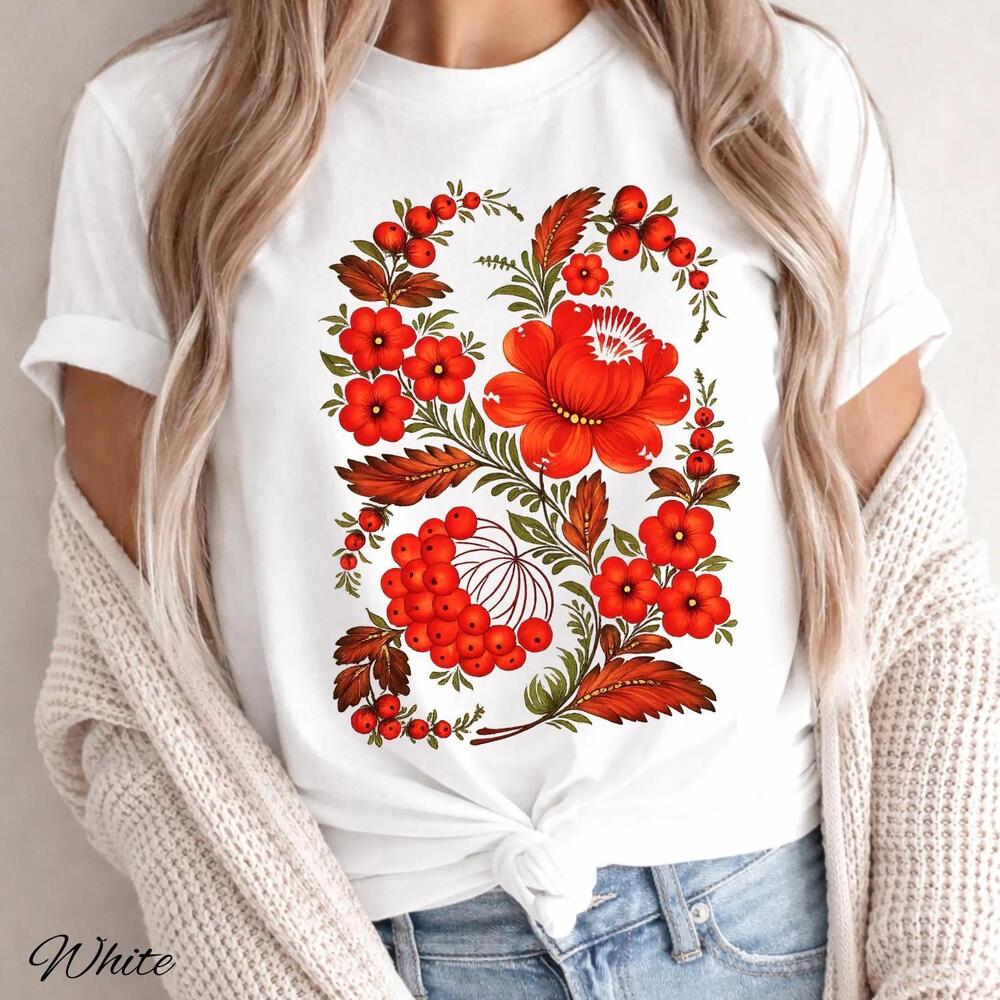 Red Floral Shirt, Botanical Flower Wreath Tee, Cottagecore Floral T-Shirt